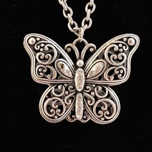 Opera Necklace Silver Tone Chain Butterfly Pendant 28 in